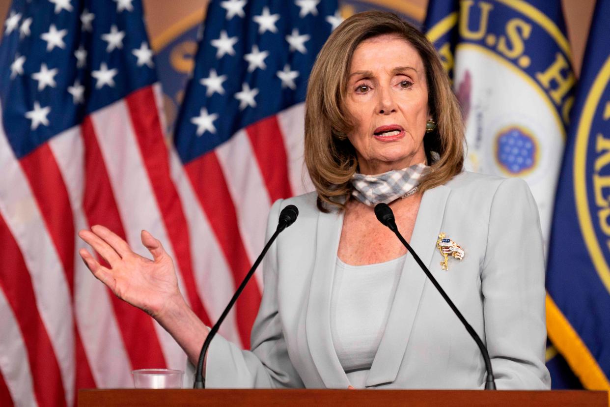 US Speaker of the House, Nancy Pelosi, Democrat of California, holds her weekly press briefing on Capitol Hill in Washington, DC on 13 August 2020. (AFP via Getty Images)