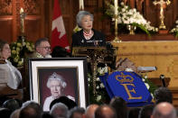 <p>Former governor general Adrienne Clarkson speaks from the pulpit during commemorative ceremonies for Queen Elizabeth at Christ Church Cathedral, in Ottawa, Monday, Sept.19, 2022. ( THE CANADIAN PRESS/Adrian Wyld)</p> 