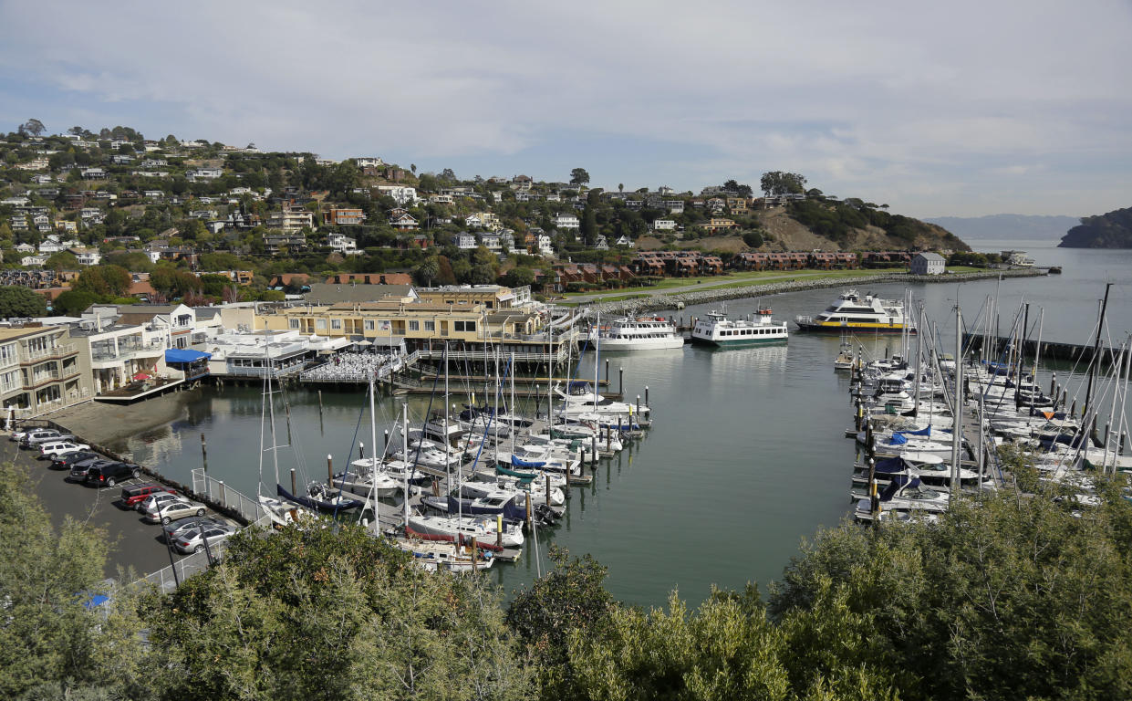 In this photo taken Thursday, Nov. 5, 2015, a couple of ferries at top right pull into Tiburon, Calif. Whether you’re on a business trip or any other kind of visit to San Francisco, with a few hours to spare, you can take the ferry across the bay to Tiburon, have a meal, poke through the galleries and shops of Main Street, and sit back and enjoy the view. (AP Photo/Eric Risberg)