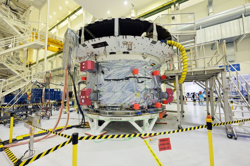 NASA's Orion service module for the Artemis 2 mission stands in the Operations and Checkout Building during a media tour at Cape Canaveral