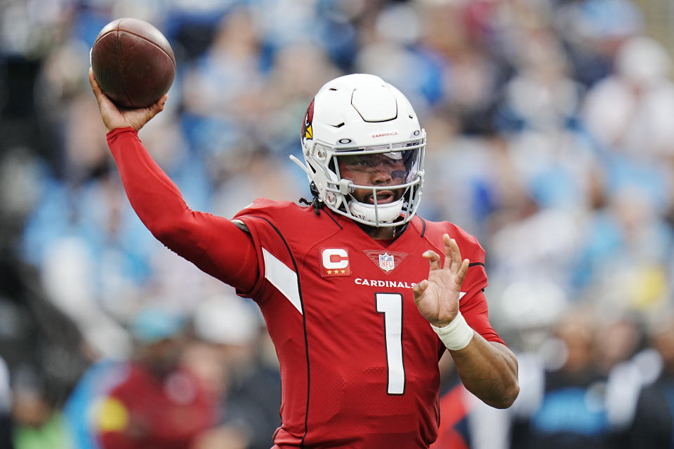 Arizona Cardinals quarterback Kyler Murray passes against the Carolina Panthers during the first half of an NFL football game on Sunday, Oct. 2, 2022, in Charlotte, N.C. (AP Photo/Rusty Jones)