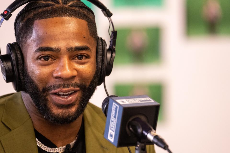 NFL player Malcolm Butler speaks during an interview with CBS Sports Radio at the Super Bowl 57 Experience's Radio Row at the Phoenix Convention Center in Phoenix on Feb. 9, 2023.