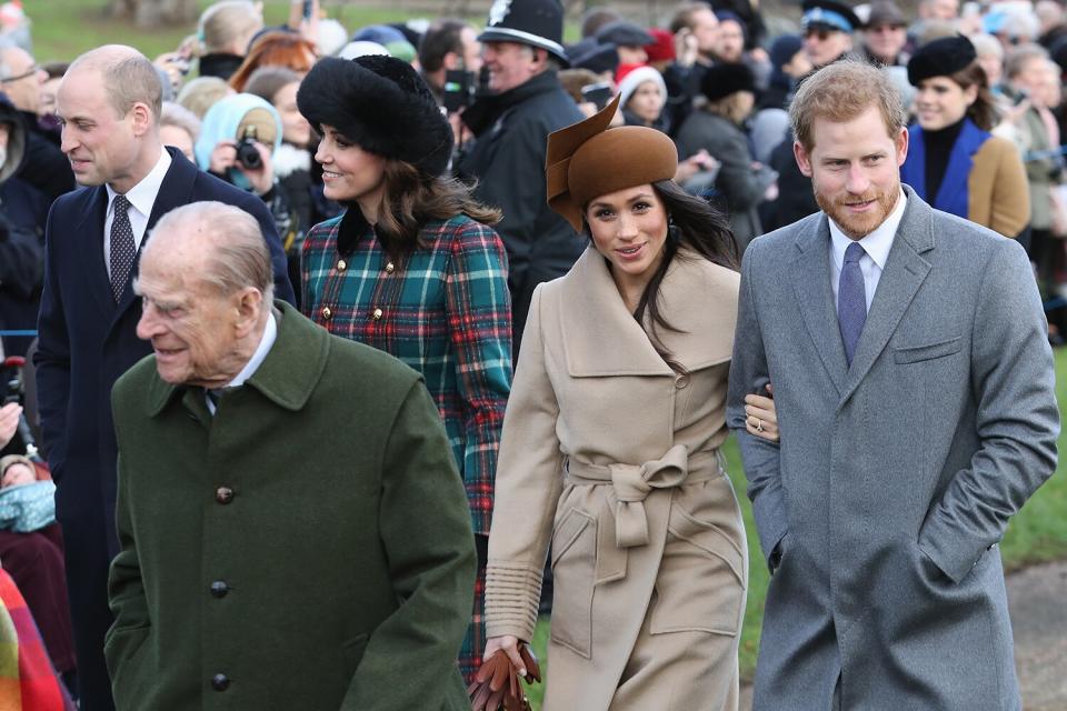 Prince William, Duke of Cambridge, Prince Philip, Duke of Edinburgh, Catherine, Duchess of Cambridge, Meghan Markle and Prince Harry attend Christmas Day Church service at Church of St Mary Magdalene on December 25, 2017 in King's Lynn