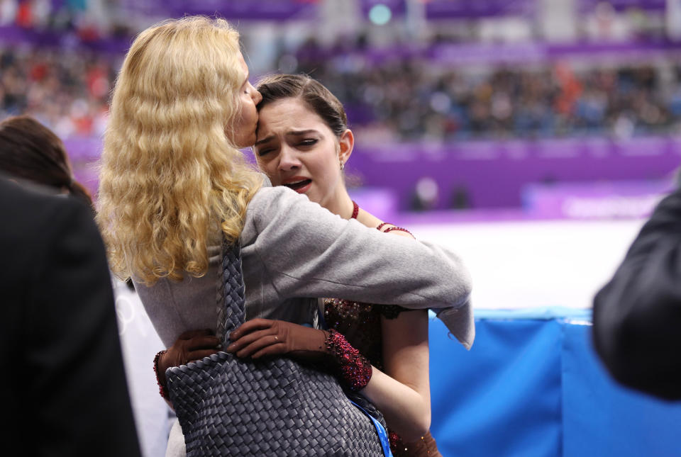 <p>Evgenia Medvedeva of Olympic Athlete from Russia reacts with coach Eteri Tutberidze after competing during the Ladies Single Skating Free Skating on day fourteen of the PyeongChang 2018 Winter Olympic Games at Gangneung Ice Arena on February 23, 2018 in Gangneung, South Korea. (Photo by Maddie Meyer/Getty Images) </p>