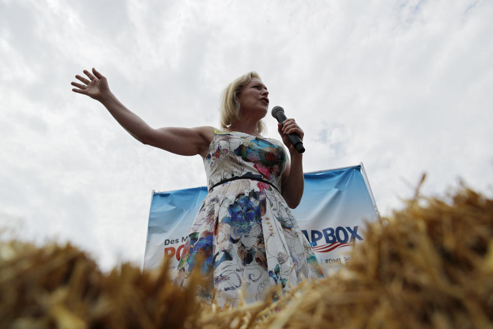 Democratic presidential candidate Sen. Kirsten Gillibrand, D-N.Y., speaks at the Iowa State Fair, Saturday, Aug. 10, 2019, in Des Moines, Iowa. (AP Photo/John Locher)