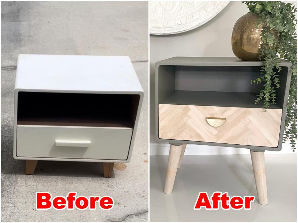 Before and after of the nightstands Hannah Way flipped