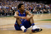 Kevin Young #40 of the Kansas Jayhawks looks on as he sits on the court in the second half against the Kentucky Wildcats in the National Championship Game of the 2012 NCAA Division I Men's Basketball Tournament at the Mercedes-Benz Superdome on April 2, 2012 in New Orleans, Louisiana. (Photo by Ronald Martinez/Getty Images)