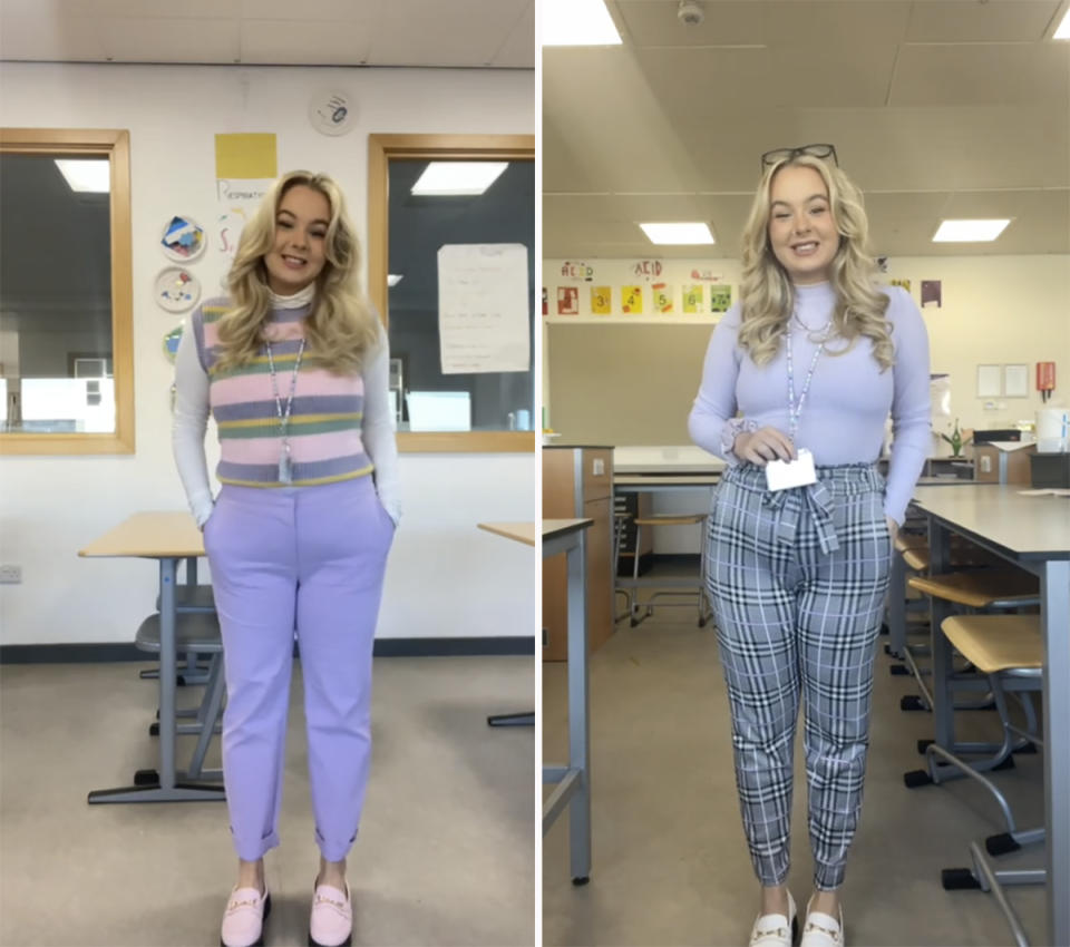 Teacher in the UK wears lilac outfits