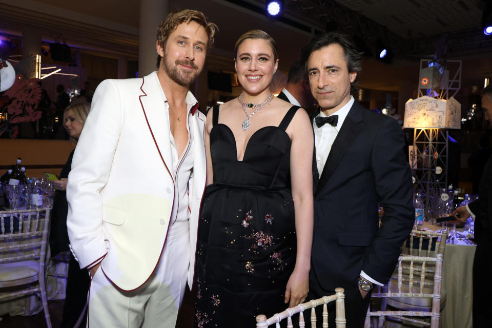 Ryan Gosling, Greta Gerwig and Noah Baumbach during the EE BAFTA Film Awards 2024 Dinner at The Royal Festival Hall on February 18, 2024 in London, England. (Photo by Lia Toby/BAFTA/Getty Images for BAFTA)