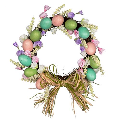 VGIA 12 Inch Artifical Easter Egg Wreath with Mixed Flowers, Braid Bow Twigs and Eggs，for Front Door or Indoor, Wall Decor