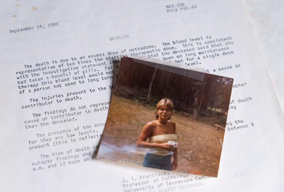 An older photo of the late Shawn Stephens, who married Jerry Lee Lewis in the 1980s, sits on a letter from the autopsy report from the University of Tennessee Center for the Health Science Department of Pathology stating her death was due to excess dose of methadone. Stephens was found dead less than three months later and suspicion swirled around whether Lewis killed her. Now, a woman who says she was there that night has spoken about what she saw.