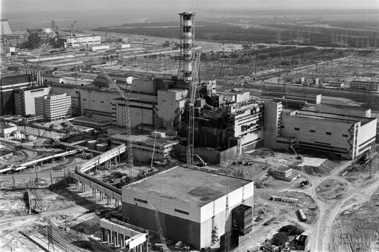 The destroyed fourth power block of the nuclear power plant in Chernobyl a few days after one of its a reactors blew up