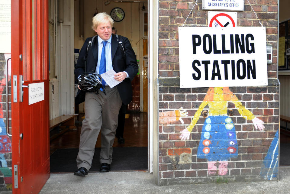 Mayor of London Boris Johnson leaves Laycock primary school in Islington, London, after voting in the local and European election.