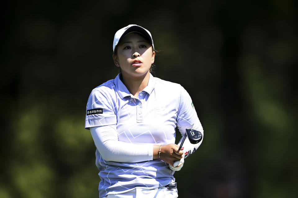 Mao Saigo of Japan plays her tee shot on the eighteenth hole during day four of The Amundi Evian Championship at Evian Resort Golf Club on July 24, 2022 in Evian-les-Bains, France. (Photo by Stuart Franklin/Getty Images)