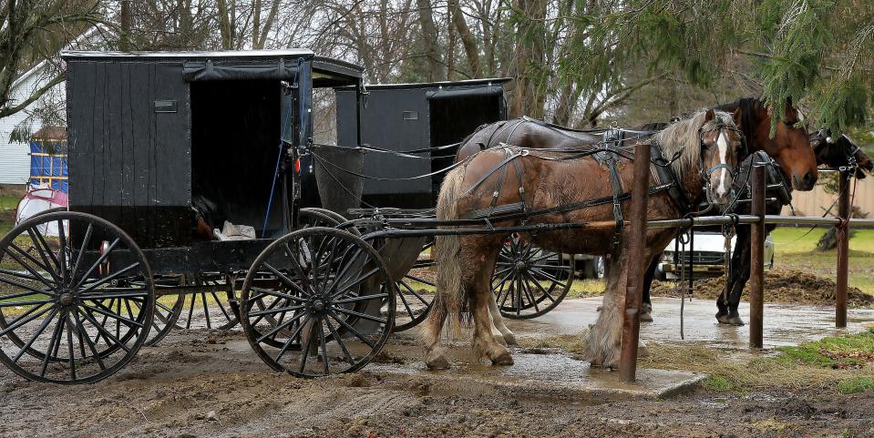 Amish buggies are parked behind the Spartansburg post office in northeastern Crawford County on March 6.