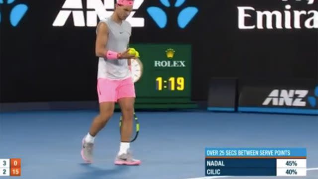 Nadal was taking longer than 25 seconds more often than Cilic. Image: Channel 7