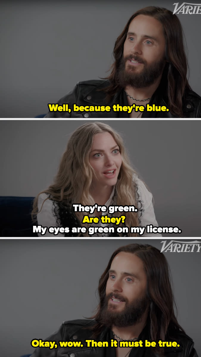 Amanda says her eyes are green on her license when Jared insists they're blue