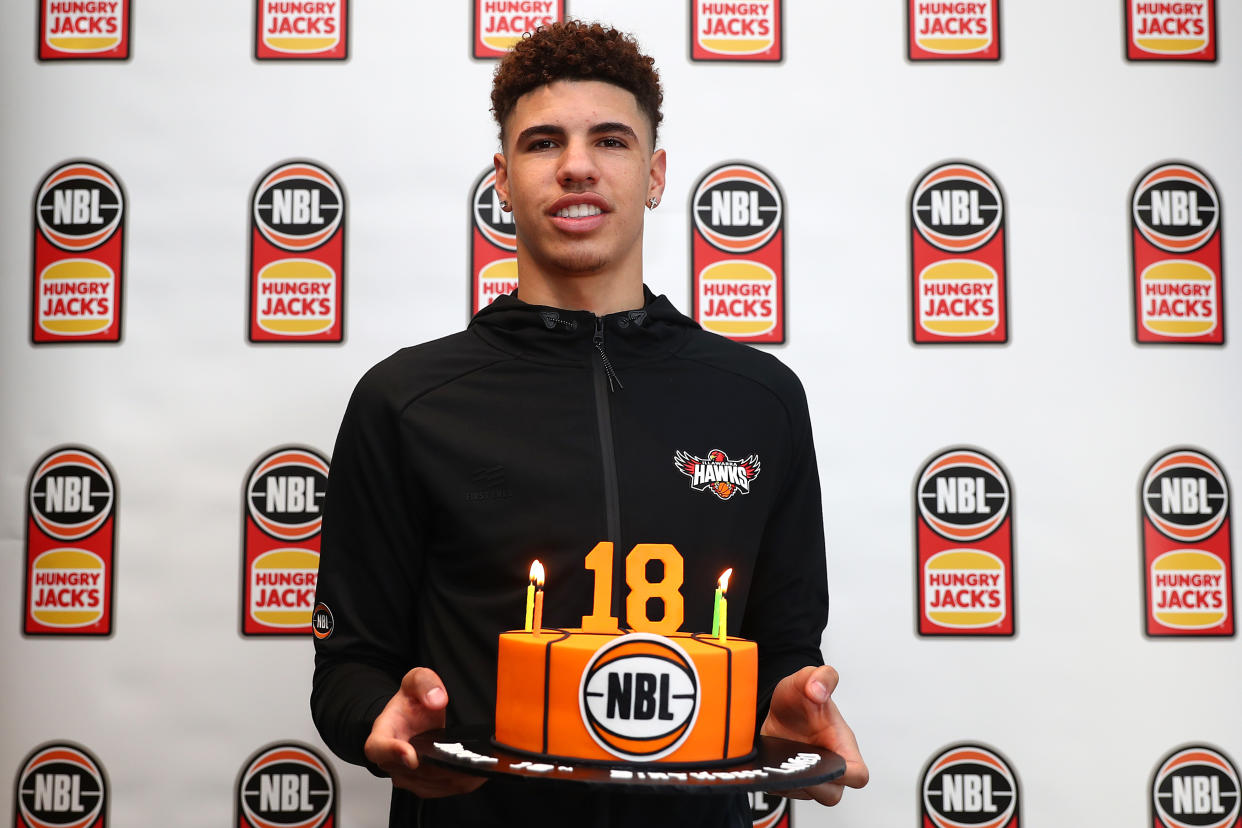 LaMelo Ball celebrated his 18th birthday at an Australian press conference. (Getty Images)