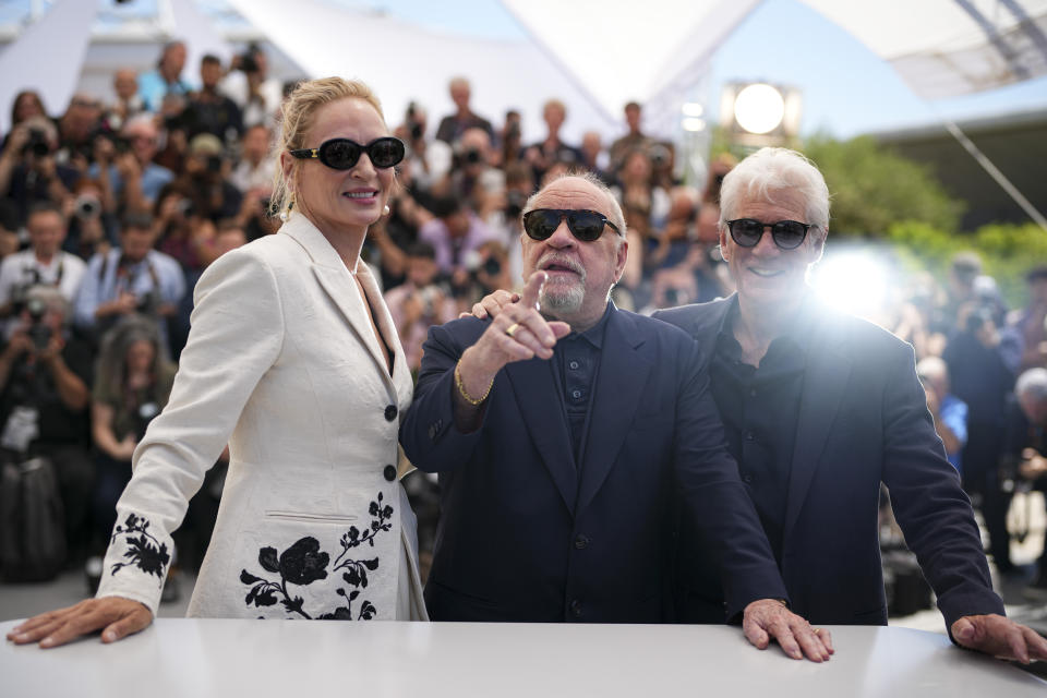 Uma Thurman, from left, director Paul Schrader, and Richard Gere pose for photographers at the photo call for the film 'Oh, Canada' at the 77th international film festival, Cannes, southern France, Saturday, May 18, 2024. (Photo by Daniel Cole/Invision/AP)