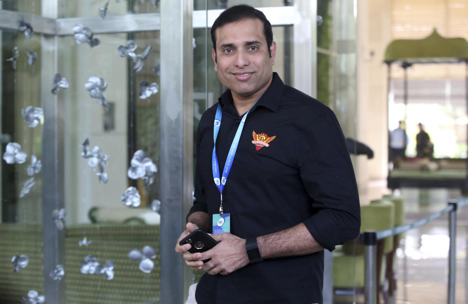 Former Indian cricketer and Sunrisers Hyderabad team mentor V.V.S. Laxman arrives for the first day of the Indian Premier League player auction in Bangalore, India, Saturday, Jan. 27, 2018. The IPL auctions are being held in Bangalore for the eleventh edition of the domestic Twenty20 cricket tournament, which will be held at different venues across the country with eight teams participating. (AP Photo/Aijaz Rahi)