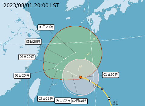 中央氣象局說明中度颱風卡努路徑。（中央氣象局提供）