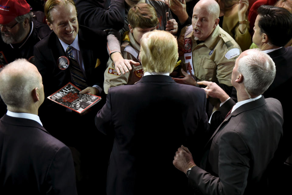 Republican presidential candidate Donald Trump greets supporters after a campaign rally at Oral Roberts University in Tulsa, Okla., in January 2016. (Photo: Nick Oxford/Reuters)