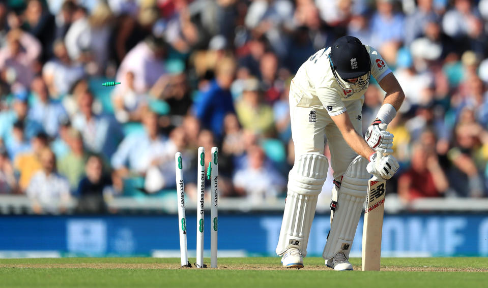 England's Joe Root is bowled out by Australia's Pat Cummins (not pictured) during day one of the fifth test match at The Oval, London. (Photo by Mike Egerton/PA Images via Getty Images)