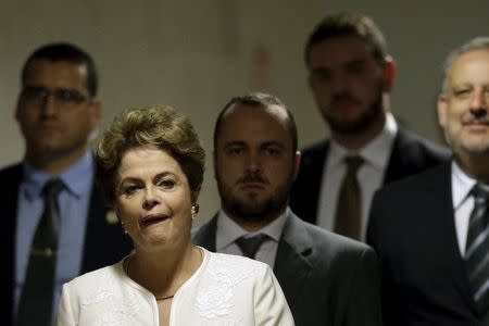 Brazil's President Dilma Rousseff arrives for a news conference at the Planalto Palace, in Brasilia, Brazil December 2, 2015. President of the Chamber of Deputies of Brazil Eduardo Cunha, said on Wednesday that he authorized the opening of an impeachment process against Rousseff. REUTERS/Ueslei Marcelino