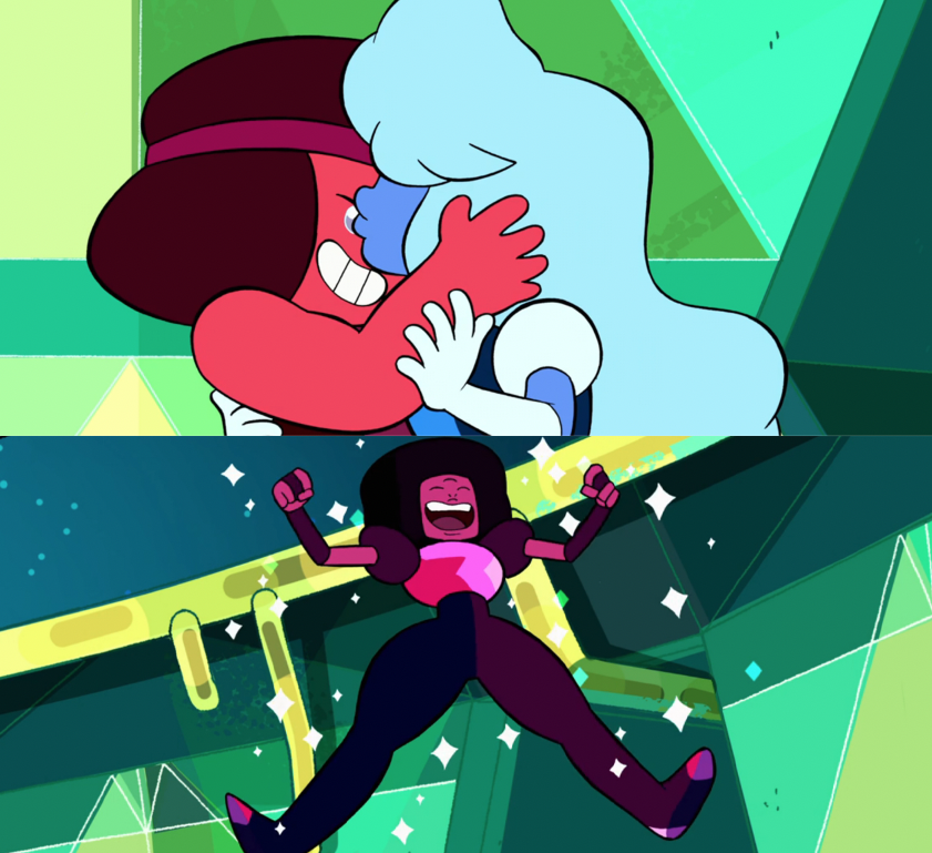 Sapphire kisses Ruby's cheeks before they transform into Garnet