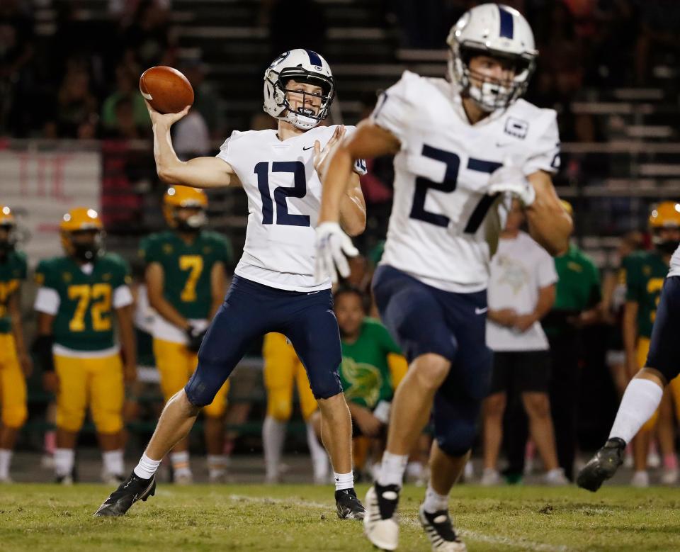 CVC Max Bakker passes downfield against Kingsburg during their high school football game in Kingsburg, Calif., Friday, Oct. 14, 2022.