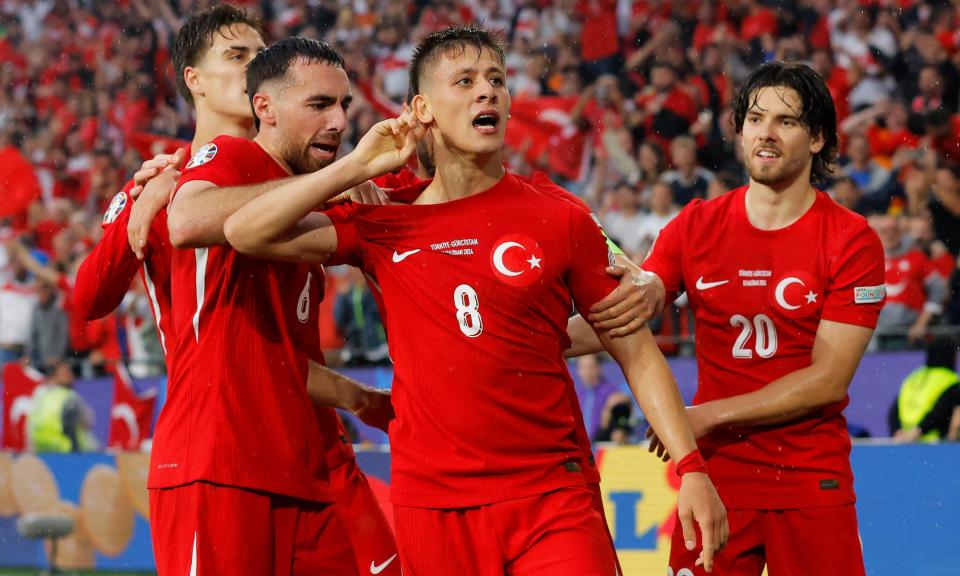 <span>Arda Guler celebrates his sensational strike which put Turkey ahead.</span><span>Photograph: Tom Jenkins/The Guardian</span>