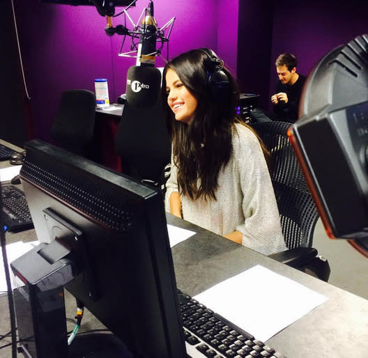 The second look was a sparkly gold mini shirt dress, which she wore during her live lounge chat. [Photo: Instagram/BBC Radio 1]