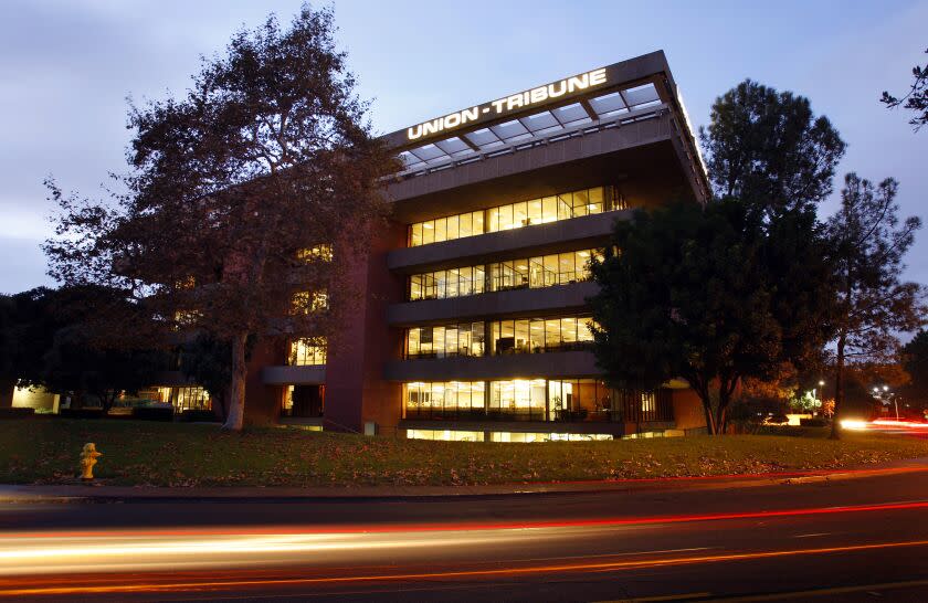 The San Diego Union-Tribune building in Mission Valley, shown on Wednesday, Nov. 26, 2008.