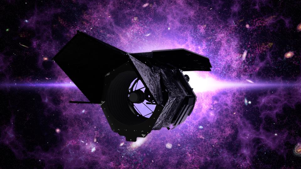 A dark conical spacecraft in front of a purple cloud