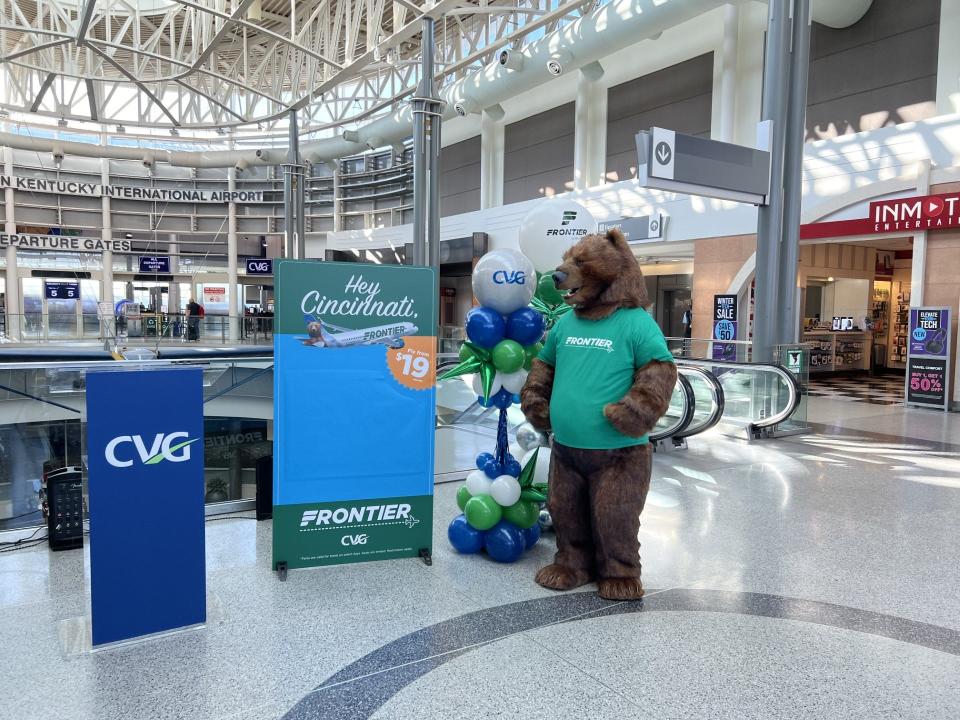 Frontier Airlines' "Spokesbear" Grizwald joined executives to announce Frontier's plans to add new low-fare destinations from Cincinnati/Northern Kentucky International Airport.