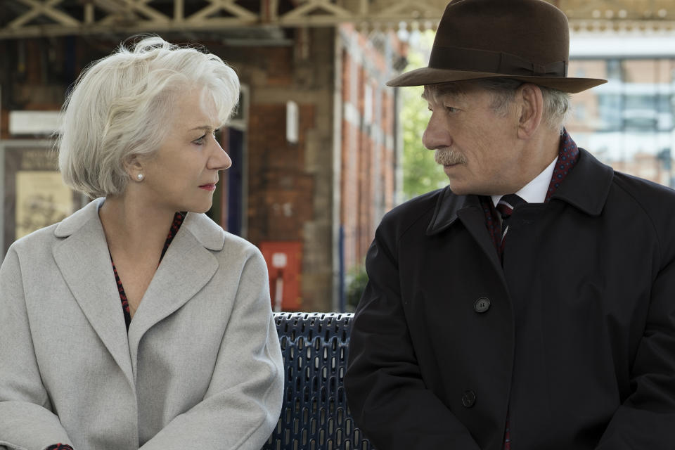 This image released by Warner Bros. Pictures shows Ian McKellen, right, and Helen Mirren in a scene from "The Good Liar." (Chia James/Warner Bros. Pictures via AP)