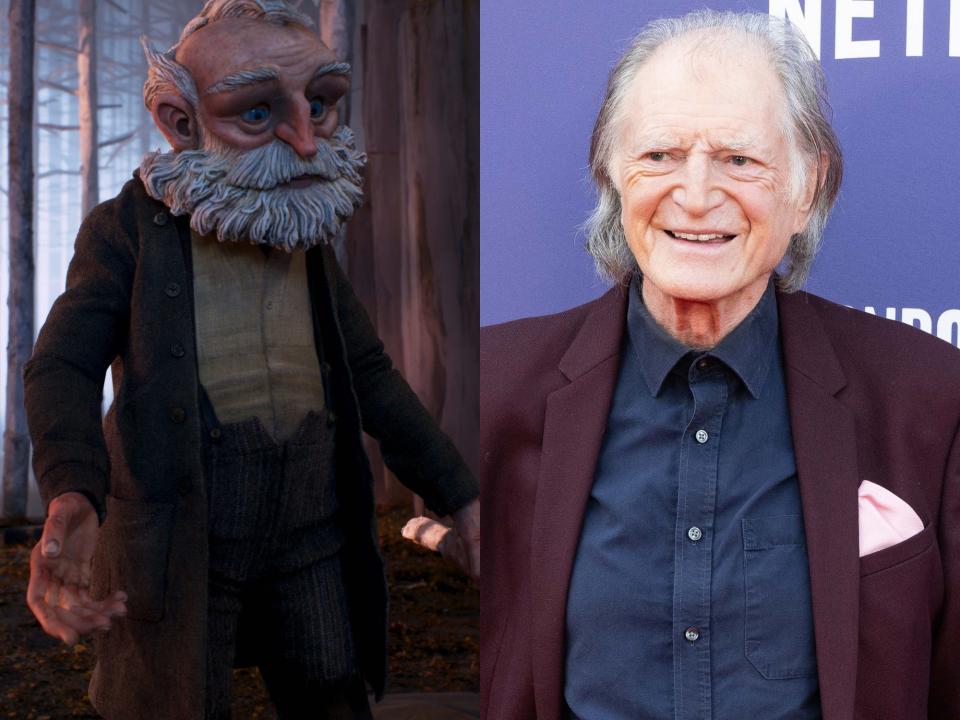 left: an old man with a bald head and thick white beard animated in stop motion. he's wearing a brown jacket and beige shirt, walking through a forest; right: david bradley standing on a red carpet, smiling and wearing a brown suit with a navy button up shirt. he has silver hair