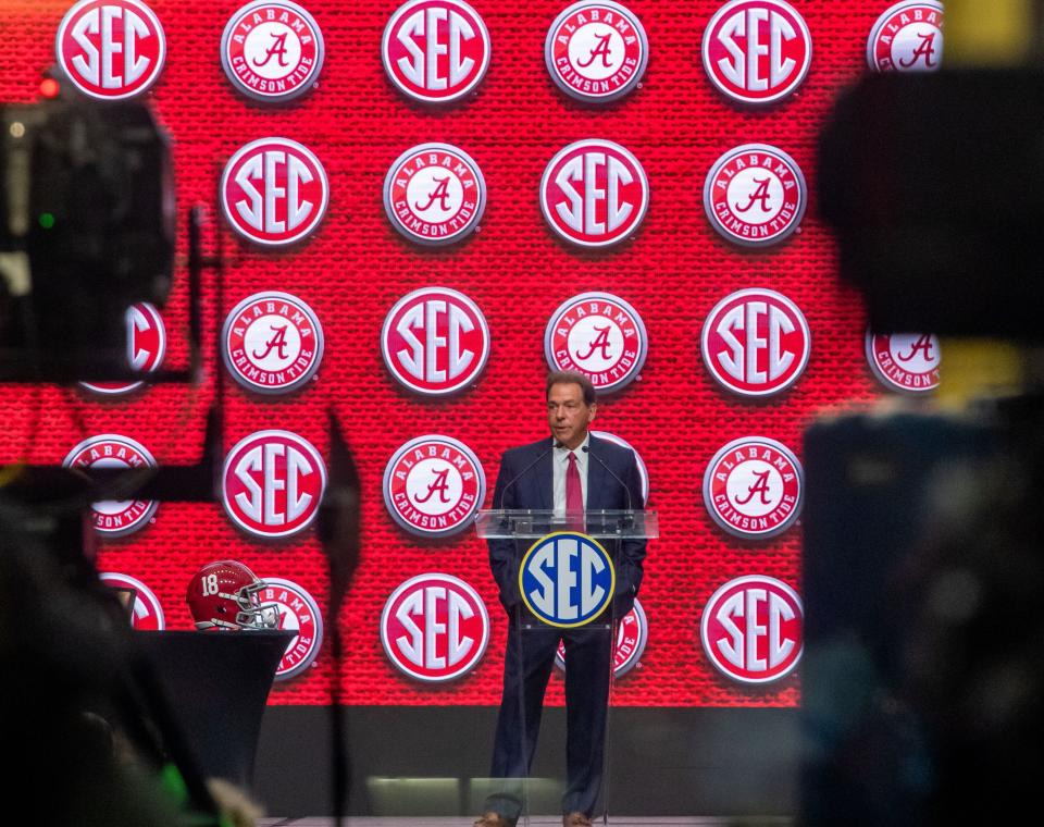 Alabama football coach Nick Saban, speaking at SEC Media Days in Atlanta in July, just signed a multi-million dollar contract extension.