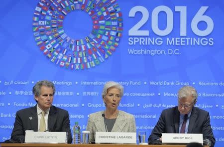 International Monetary Fund Managing Director Christine Lagarde participates in a news conference during the spring meetings of the IMF and the World Bank in Washington April 14, 2016. REUTERS/Joshua Roberts