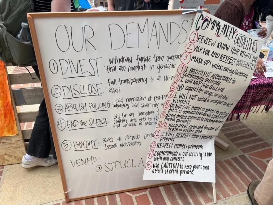 The encampment protesters at UCLA Thursday share their demands (Credit: Raquel “Rocky” Harris for TheWrap)