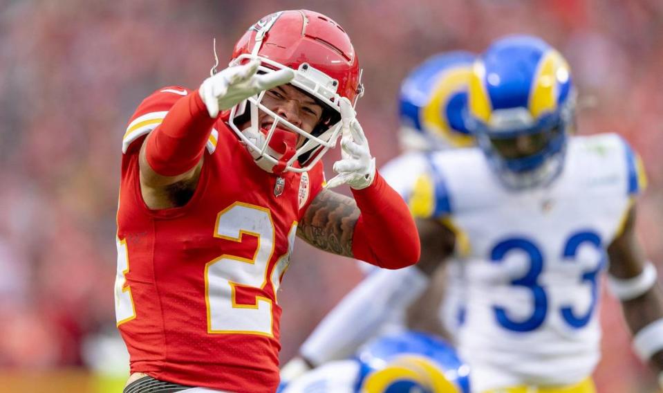 Kansas City Chiefs wide receiver Skyy Moore (24) celebrates a reception against the Los Angeles Rams during an NFL football game at Arrowhead Stadium on Sunday, Nov. 27, 2022 in Kansas City.