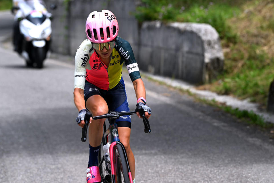 BORGO VAL DI TORO ITALY  JULY 03 Veronica Ewers of The United States and Team EF EducationTibcoSvb competes in the breakaway during the 34th Giro dItalia Donne 2023 Stage 4 a 134km stage from Fidenza to Borgo Val di Toro  UCIWWT  on July 03 2023 in Borgo Val di Toro Italy Photo by Dario BelingheriGetty Images
