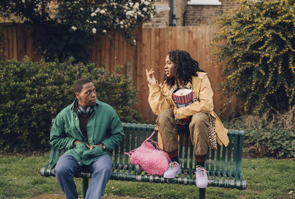 This image released by Hulu shows David Jonsson, left, and Vivian Oparah in a scene from "Rye Lane." (Chris Harris/Hulu via AP)