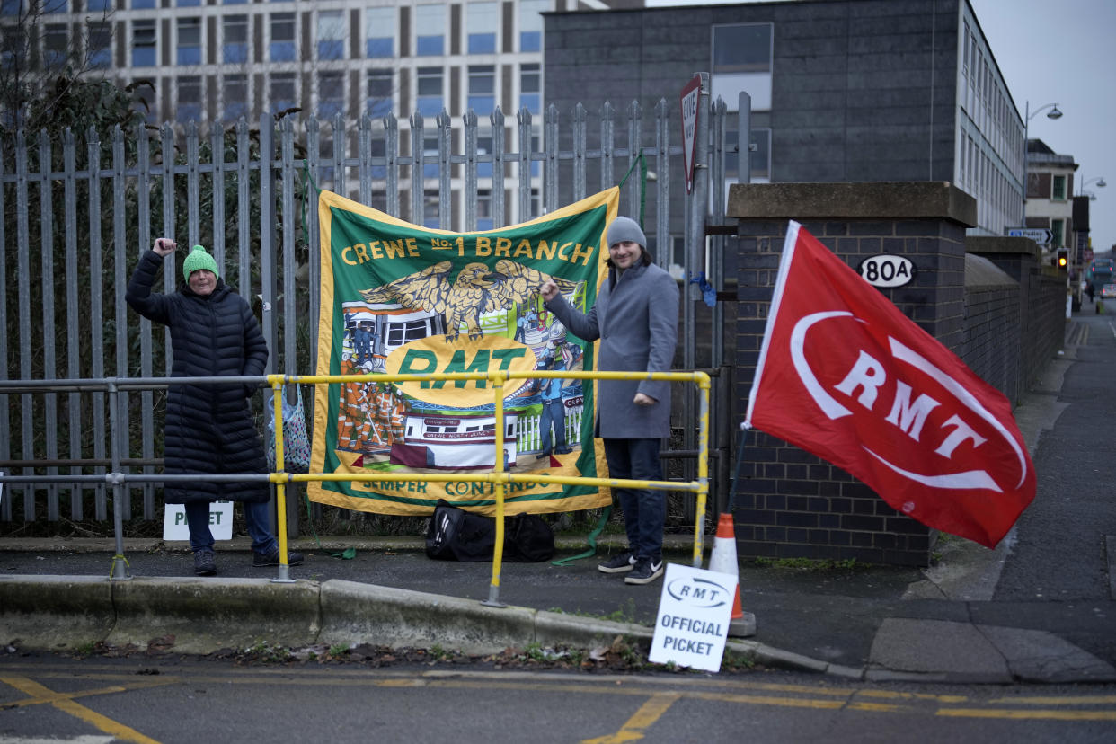 RMT members picket outside Crewe Rail Station during a strike