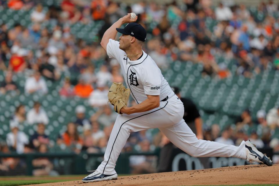 Detroit Tigers pitcher Matt Manning (25) pitches in the first inning against the Miami Marlins at Comerica Park in Detroit on Monday, May 13, 2024.