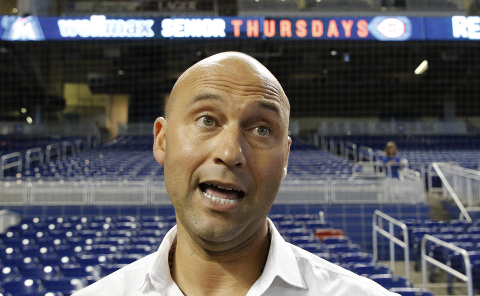 Miami Marlins CEO Derek Jeter speaks to the media before a baseball game against the Cincinnati Reds in Miami, Thursday, Sept. 20, 2018. (AP Photo/Joe Skipper)