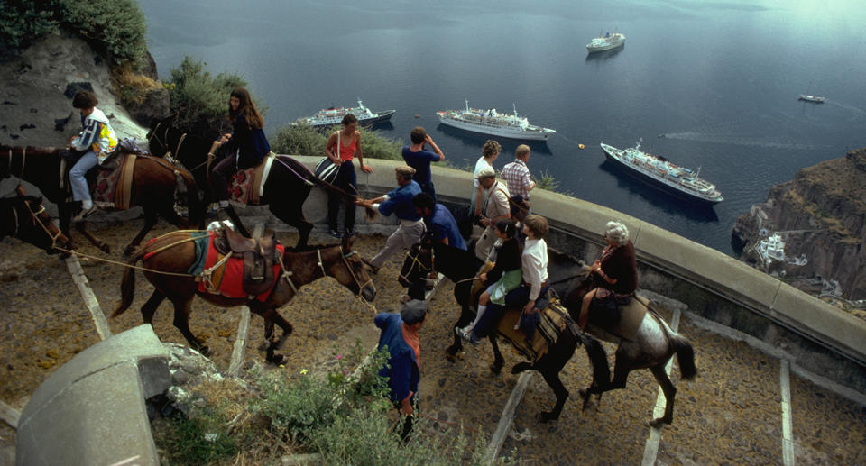 The donkeys make up to five journeys per day up the white cobbled steps to the town of Fira in temperatures of up to 30C. Source: Getty