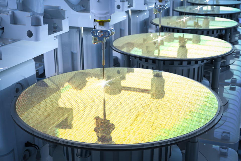 A semiconductor being manufactured. 