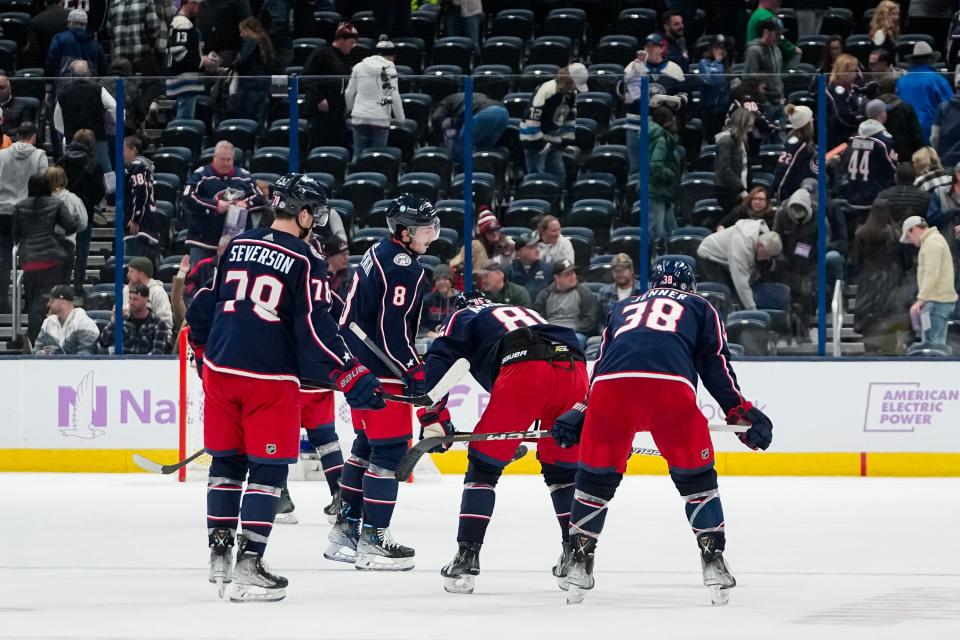 Nov 16, 2023; Columbus, Ohio, USA; Columbus Blue Jackets players skate off the ice following the 3-2 loss to the Arizona Coyotes in the NHL hockey game at Nationwide Arena.