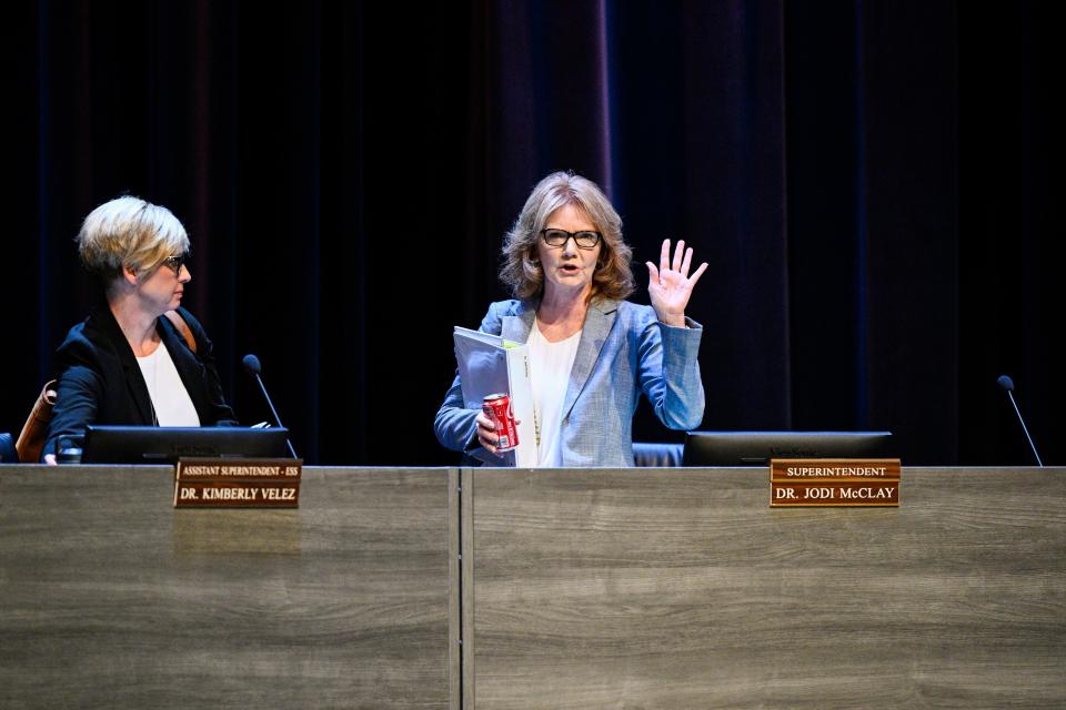 Temecula Valley Unified’s former superintendent Jodi McClay mouths “thank you” to the supporting crowd at Temecula Valley High School in June 2023.